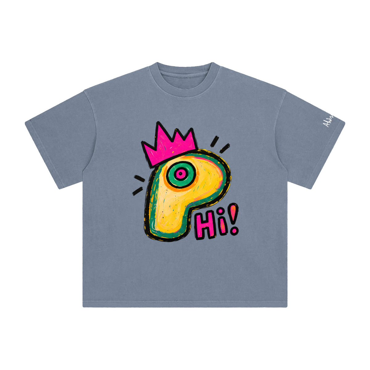OLPINER Say Hi T-shirt in Gray Blue, front artwork view